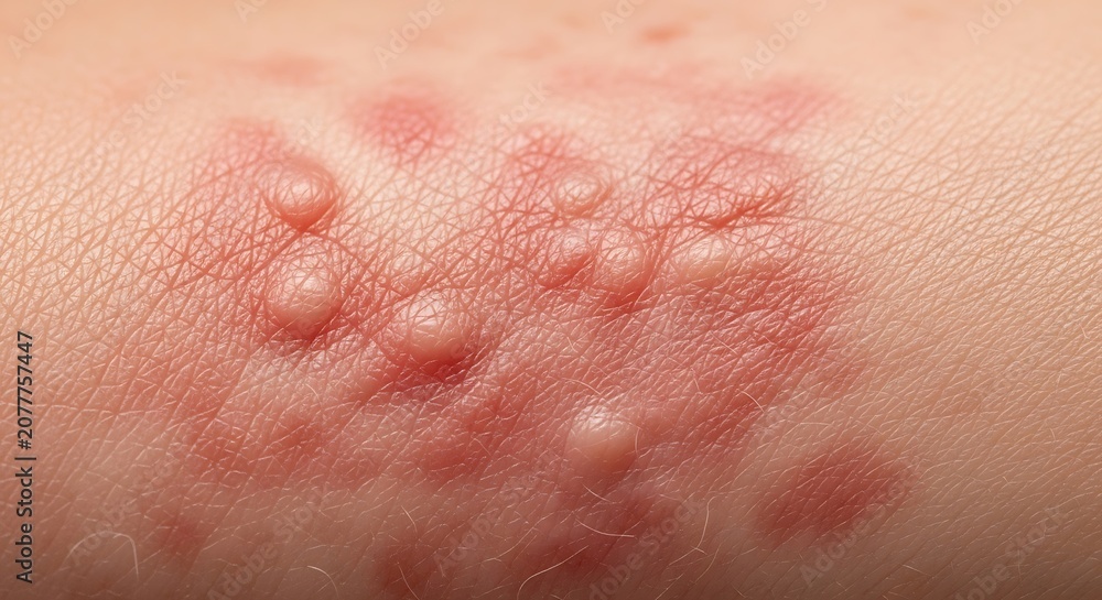 Fototapeta premium Close-up of a skin rash with blisters, possibly shingles or contact dermatitis.