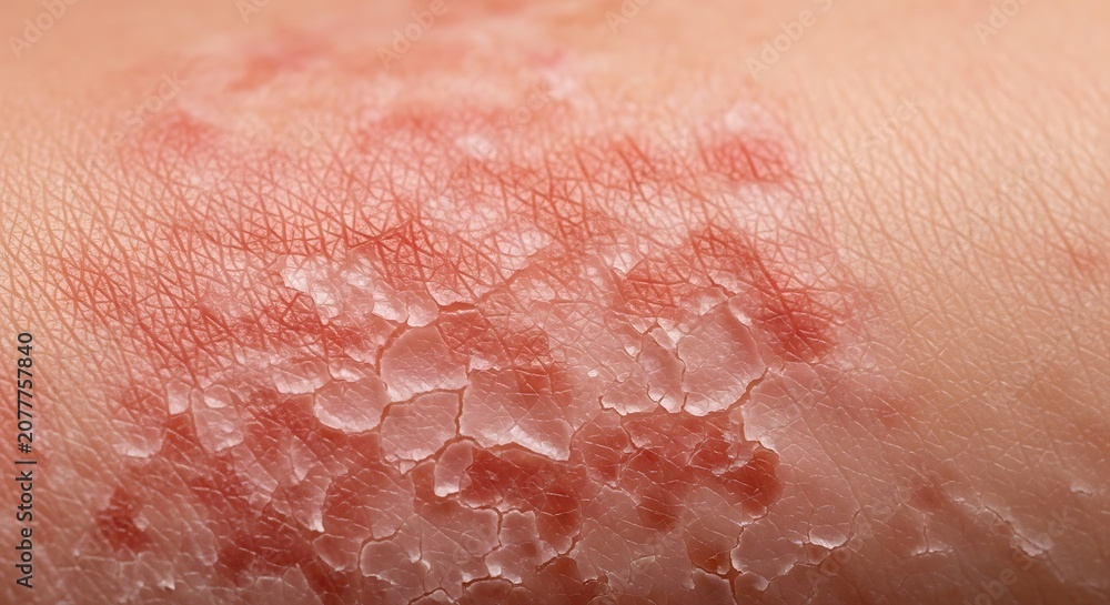 Fototapeta premium Close-up of a skin rash with red inflamed patches and flaky scales.