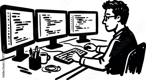 Person working on three computer monitors with keyboard and desk accessories