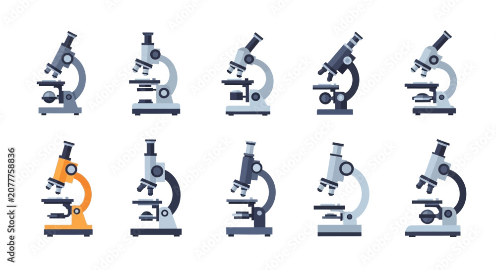 Fototapeta premium Illustration of various microscopes arranged in a row, science and lab equipment concept