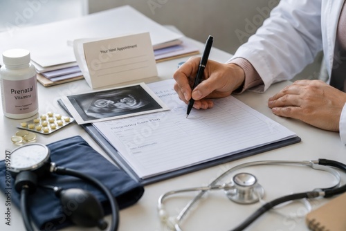 Medical professional writing on a pregnancy care plan with ultrasound image, prenatal vitamins, and stethoscope on a desk in a healthcare setting