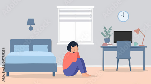 Tableau sur toile Woman sitting on bedroom floor, covering face in distress, depicting sadness