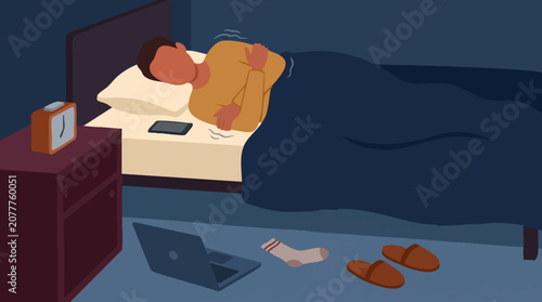 Fotografie Person shivering in bed at night, feeling cold and unwell in bedroom