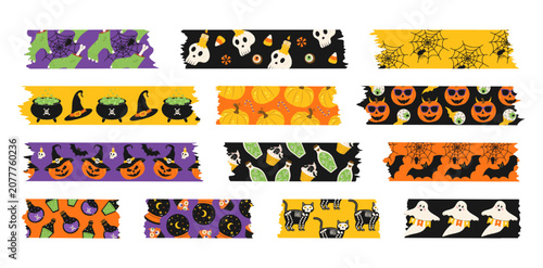 Set Halloween sticky tape, elements for notes, scrapbooking. Torn pieces of patterned tape with ragged edges. Vector cartoon illustration.