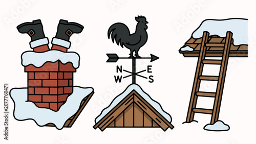Cuadro en lienzo Cartoon chimney with boots snow covered roof weather vane and ladder in playful