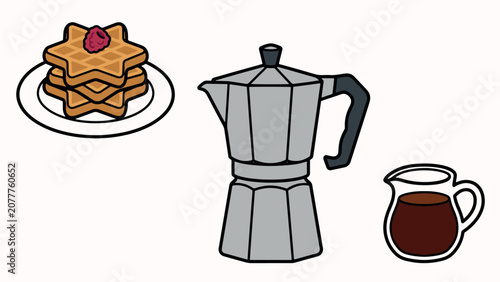 Bild auf Leinwand Star shaped waffles with berry stovetop espresso maker and glass pitcher of coff