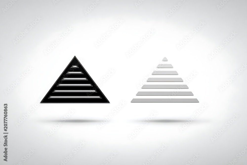 Obraz premium Two minimalist pyramid one black and one white, with layered horizontal lines on a gradient