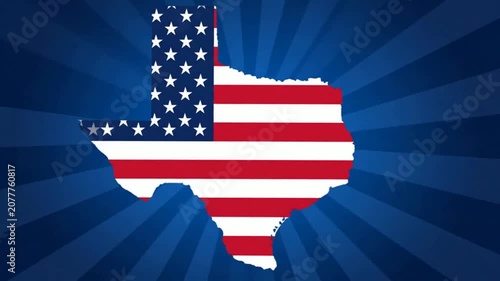 Texas state map with american flag pattern on blue sunburst background, for patriotic political, and business presentations