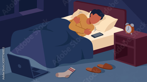 Tableau sur toile Man suffering from insomnia at night, restless in bed, unable to sleep
