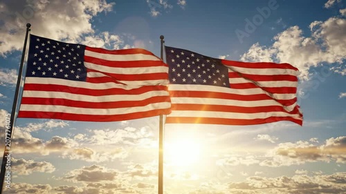 Two american flags waving proudly against a golden sunset sky with clouds, patriotic usa background, for national holidays, and independence day