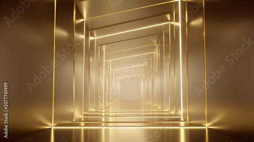 luxury abstract light tunnel formed by layered geometric frames, glowing horizon at the end, premium enterprise branding, futuristic corporate presentation background