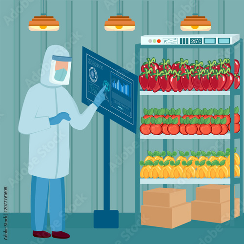 Worker in protective suit using digital screen to monitor food quality in a smart cold storage warehouse with fresh vegetables. Agricultural supply chain and food safety vector illustration.