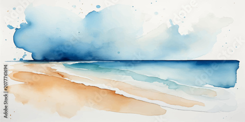 Foto Watercolor beach landscape with sandy shore gentle waves calm ocean horizon and