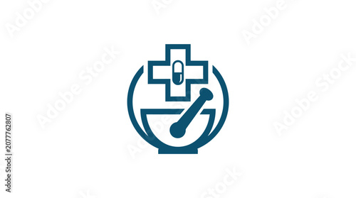 A blue medical icon featuring a mortar and pestle with a cross symbol