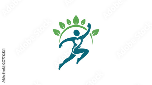 A stylized icon of a person jumping with green leaves on a white background