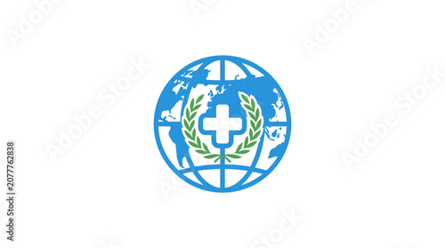 A blue globe icon featuring a medical cross and green laurel leaves