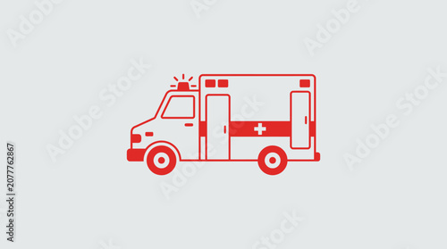 A simple red icon of an emergency medical vehicle on a light background