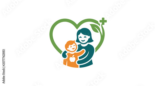 A stylized graphic icon showing a parent and child inside a green heart shape