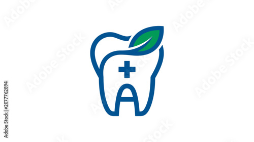 A minimalist graphic icon of a tooth with a green leaf and a medical cross symbol