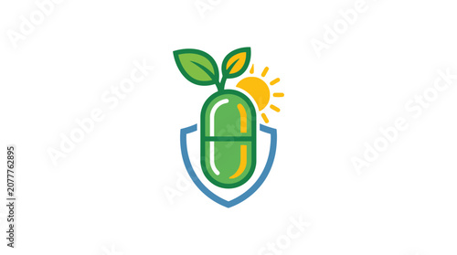A green capsule icon with leaves and a sun symbol on a shield