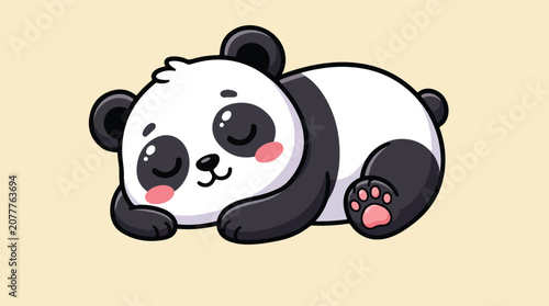 Cute cartoon panda bear sleeping peacefully on a light beige background, adorable illustration.