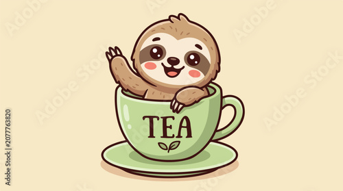 Cute cartoon sloth waving hello from inside a teacup with the word 