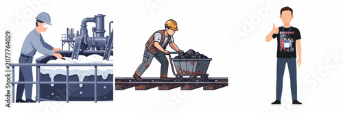 Industrial worker handling coal and machinery operation with thumbs up