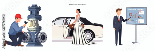 Luxury automotive, fashion, and industrial production forecast illustration