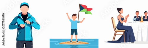 Three cheerful flat characters in different activities
