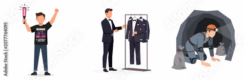 Celebrity fan meets tailor and miner in whimsical flat illustration