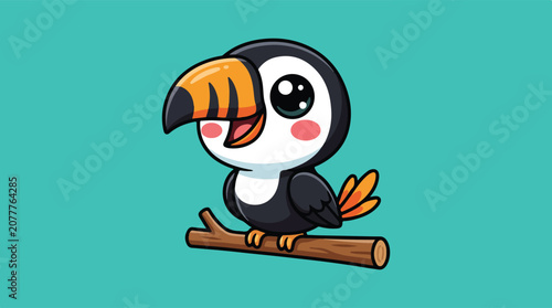 Cute cartoon toucan bird sitting on a branch with a teal background.