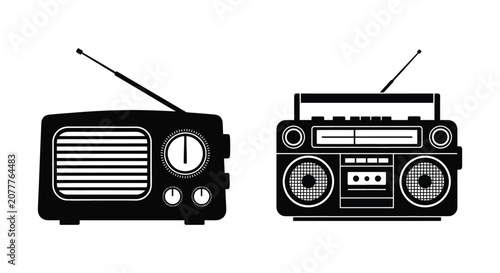 Obraz na plátně Vintage Radios Silhouette Black And White Graphic Design