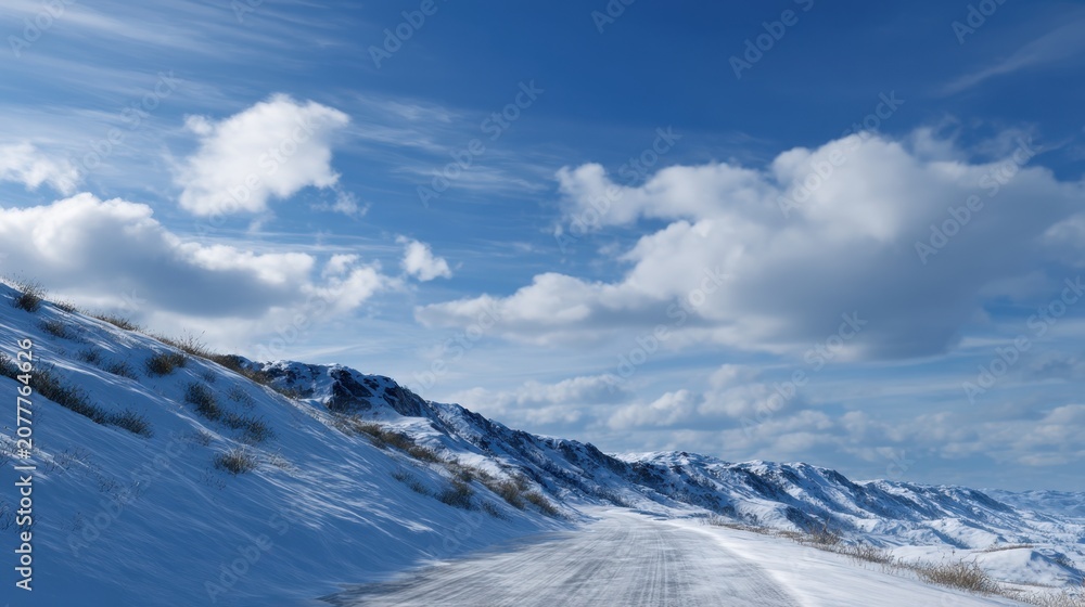 Naklejka premium Dramatic Clouds Blowing Across Snowy Mountain Pass on a Bright Winter Day