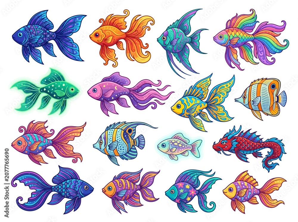 Obraz premium A collection of colorful hand drawn decorative fish illustrations.