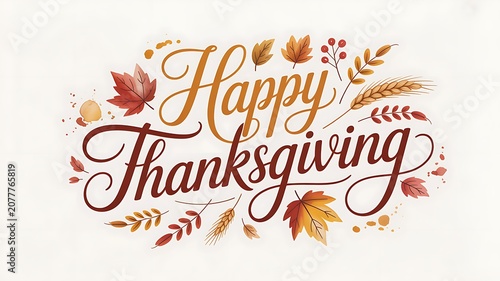 Beautiful autumn leaves and wheat decorate the elegant calligraphy phrase Happy Thanksgiving