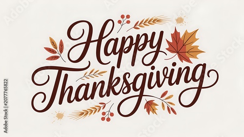Beautiful cursive text Happy Thanksgiving with autumn leaves and berries decoration