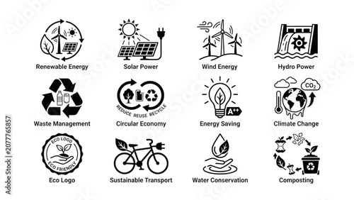 Tableau sur toile Renewable energy icons set with solar, wind, hydro power, recycling, and sustain