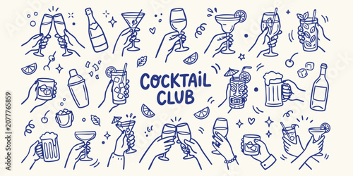 Clinking cocktail glasses and drinks depicted in a doodle style against a cream background for social gatherings