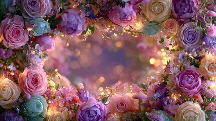 Enchanted fairy garden border made from blooming roses, peonies, daisies, tiny mushrooms, butterflies, vines and glowing fairy lights.