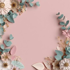Modern Scandinavian floral border with minimalist pastel flowers, eucalyptus branches, soft leaves and elegant geometric accents decorating only the edges.