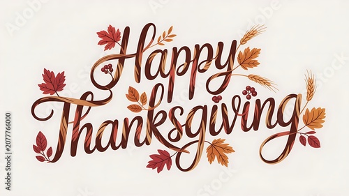 Decorative lettering with autumn leaves and wheat stalks reads Happy Thanksgiving isolated on transparent background