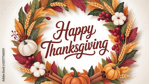 Decorative wreath with pumpkins wheat stalks and autumn leaves wishing happy thanksgiving