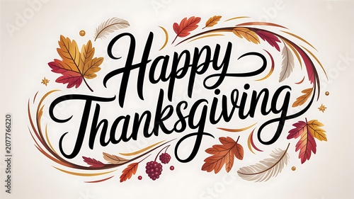 Festive autumn leaves and feathers decorate elegant script text for a Happy Thanksgiving greeting