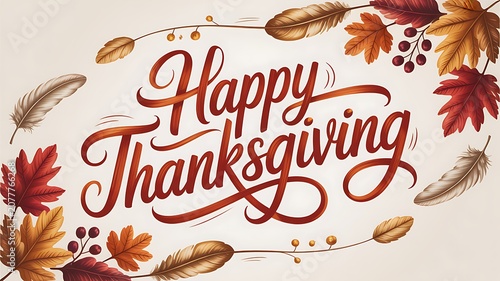 Festive Happy Thanksgiving holiday greeting with autumn leaves and feathers for celebration