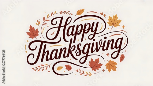 Happy Thanksgiving decorative lettering with autumn leaves and festive embellishments celebrating the holiday season