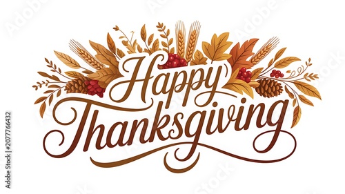Happy Thanksgiving decorative text with autumn leaves and pine cones isolated on transparent background