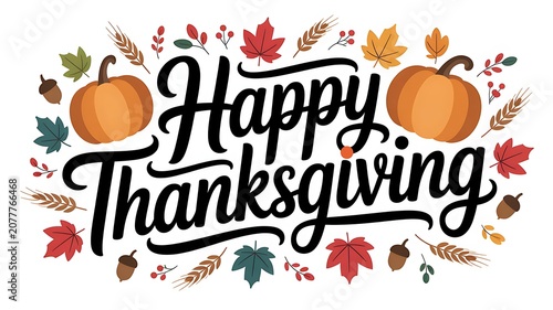 Happy Thanksgiving decorative text with pumpkins and autumn leaves in festive celebration design