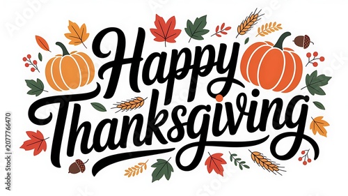 Happy Thanksgiving text with pumpkins autumn leaves acorns and wheat decorated for celebration