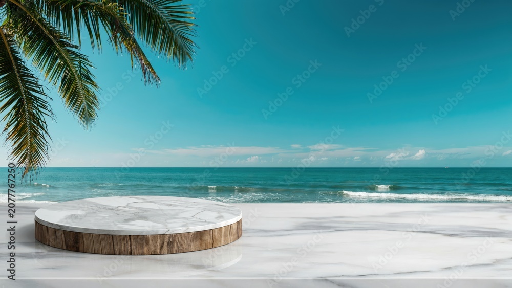 Fototapeta premium Circular marble pedestal on a white marble surface with tropical palm leaves and ocean view