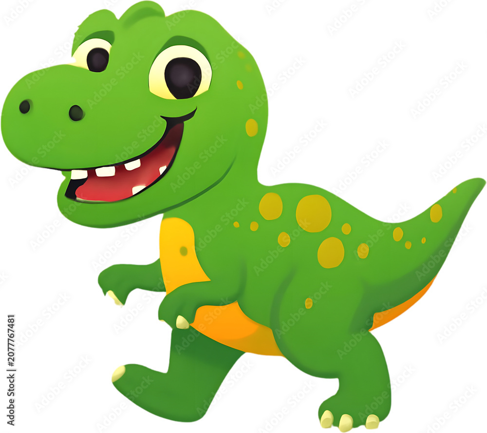 Fototapeta premium Cheerful Cartoon Tyrannosaurus Rex with Big Smile and Yellow Spots, Playful Vector